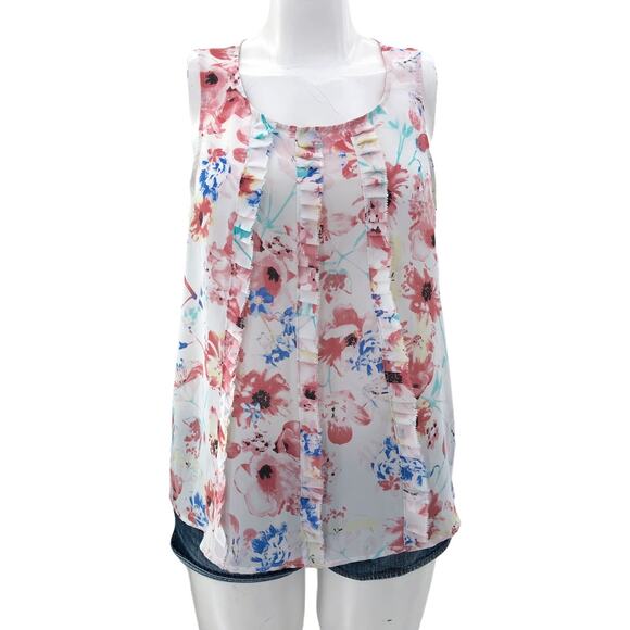 Elle MEDIUM White Pink Floral Chiffon Pleated Scoop Neck Sleeveless Top Blouse - Picture 1 of 6